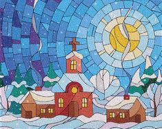 a stained glass window with a church in the snow