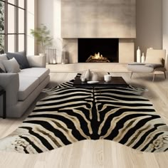 a zebra print rug in front of a fireplace