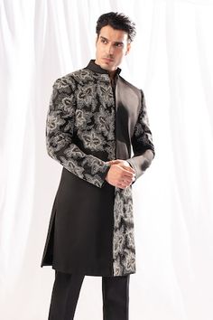 Black sherwani featuring bead and cutdana placement embroidery. Paired with a kurta and a churidar. - Aza Fashions Designer Black Nehru Jacket With Traditional Drape, Ceremonial Black Sherwani With Dabka Work, Black Bandhgala With Dabka Work In Traditional Drape, Unstitched Black Sherwani With Traditional Drape, Ceremonial Black Sherwani With Cutdana, Black Sherwani With Dabka Work, Black Dabka Nehru Jacket For Eid, Black Nehru Jacket With Traditional Drape For Eid, Black Sherwani With Cutdana For Formal Occasions