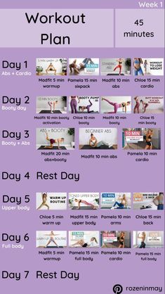 the workout plan is shown in purple and has pictures of women doing different exercises on it