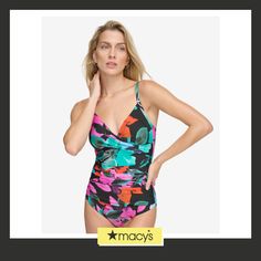 in stock Twist Front, Hibiscus, Polyester Spandex, One Piece Swimsuit, Calvin Klein, Pick Up, In Store, Buy Online, Twist