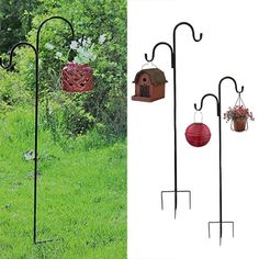 three different types of bird feeders in the grass and one with flowers hanging from them