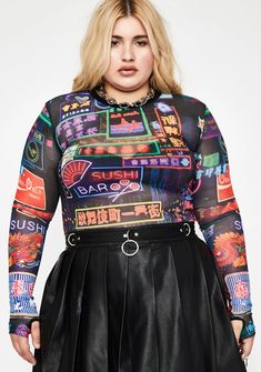 Plus Size Current Mood Neon Lights Mesh Top | Dolls Kill Iridescent Clothing, Grunge Plus Size, Midnight City, Neon Outfits, Lace Up Leggings, Alt Outfits, Graphic Crop Top, Black Mesh Top, Rave Fashion