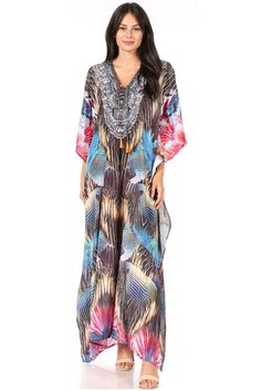 V-NECK/FLORAL/SUMMER/CASUAL/SWING DRESS/COVER UP: Yeni, the ideal loose dress for everyday wear. This lovely garment features a V-neck, short sleeves, maxi, loose fit, floor length, made with super light printed material, silky feel. Ideal for summer wear, bohemian casual style. Look and feel like a goddess in any setting while wearing this lovely flattering dress! V-neck Printed Maxi Dress For Beach Season, Flowy V-neck Beach Dress With Tropical Print, Flowy V-neck Beach Dress For Resort, Bohemian V-neck Swimwear For Beach, V-neck Summer Kaftan For Vacation, V-neck Kaftan For Resort Season, Tropical V-neck Maxi Dress For The Beach, V-neck Maxi Dress For Beach Cover-up During Resort Season, Multicolor V-neck Cover-up For Beach Party