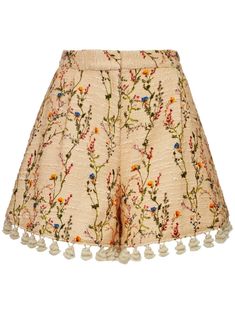 beige/multicolour cotton blend floral embroidery high-waisted tasselled edge Casual Floral Embroidered Bottoms At Cheap Price, Skelita Calaveras, Random Clothes, Womens Summer Shorts, Print Inspiration, Embroidered Shorts, Floral Shorts, Sewing Project, Boho Clothing