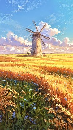 a painting of a windmill in the middle of a field with wildflowers and blue sky