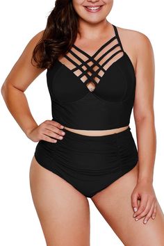 Black Strappy Neck Detail With Padded High Waist Swimsuit Strappy Stretch Tankini, Fitted Strappy Cross-tied Swimwear, Fitted Cross-tied Strappy Swimwear, Fitted Strappy Tankini For Pool, Stretch Strappy Tankini, Underwire Swimwear With Crisscross Straps For Beach Season, Summer Swimwear With Adjustable Crisscross Straps, Crisscross Strap Swimwear For Beach Season, Crisscross Stretch Swimwear With Straps