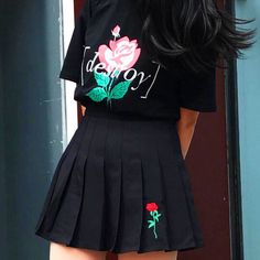 Embroidery Skirt, Rose Skirt, High Waisted Pleated Skirt, Black Pleated Skirt, Mia 3, Elegante Casual, Scene Hair, Rock Punk, Korea Fashion