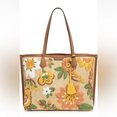 Nwt Tory Burch Perry Floral Embroidered Straw Tote Bag Color-Natural 13.55" L X 11.16" H X 5.34" D Top Zip Closure Dual Shoulder Straps Exterior Features Woven Straw With Floral Embroidery And Leather Trim Lined Interior Textile And Leather Exterior/Cotton Lining Brand New With Tag , Comes With Dust Bag! Designer Embroidered Tote Bag, Designer Embroidered Shopping Bag, Designer Embroidered Bags For Shopping, Designer Embroidered Bags For Daily Use, Interior Textile, Interior Textiles, Line Branding, Straw Tote Bag, Straw Tote