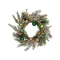 a green and gold christmas wreath with baubies, pine cones and evergreen branches