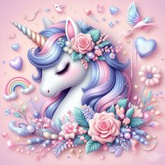 a unicorn with flowers and hearts on it's head is surrounded by other items