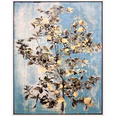 a painting with yellow flowers and green leaves on a blue background is featured in the frame