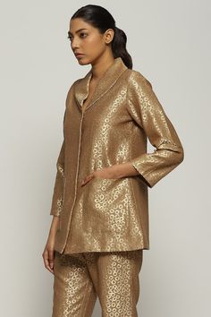 Gold brocade jacket with all over woven circular pattern and shawl collar. - Aza Fashions Luxury Long Sleeve Outerwear For Festive Occasions, Chic Jacquard Outerwear For Party, Luxury Festive Long Sleeve Outerwear, Elegant Brocade Outerwear For Festive Occasions, Jacquard Long Sleeve Outerwear For Party, Long Sleeve Jacquard Outerwear For Parties, Jacquard Long Sleeve Party Outerwear, Gold Brocade Nehru Jacket With Long Sleeves, Elegant Festive Brocade Outerwear