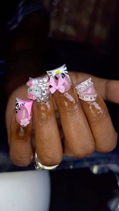 Junk Nail Designs, Acrylics Nails, Hello Kitty Nail, Kitty Nail, Henna Nails, Nails Size, Retro Nails