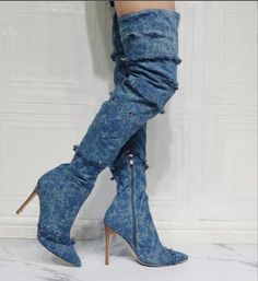 Fashion denim high heel women long boots · Eoooh❣❣ · Online Store Powered by Storenvy Ladies Long Boots, Womens Thigh High Boots, Denim Fringe, Women's Runway Fashion, Over Knee Boots, Shoes Jeans, Knee High Heels, Denim Boots, High Heel Boots Knee