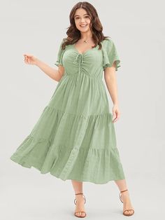 Cheap Plus Size Sundresses - Affordable Summer Dresses Ruffle Sleeves Pattern, Plain Dress Casual, Ruffle Tiered Dress, Plus Size Maxi Dresses, Womens Clothing Sizes, Pocket Dress, Tiered Dress, Elegant Fashion, Light Green