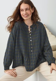 Check Blouse Designs, Check Shirts For Women, Áo Blu, Check Blouse, Wrap London, Cotton Tunic Tops, Oversized Tops, Women Blouses Fashion, Checked Blouse