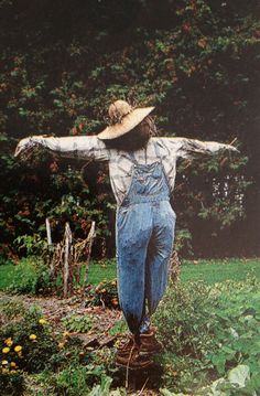 a man in overalls and a hat is standing in the middle of a garden