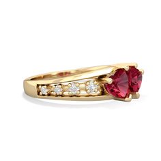 Two heart shaped gems, lab ruby and , are surrounded by .04 carats of diamonds in gleeming 14K Yellow Gold, for a contemporary look that is exquisite and sentimental. This stunning ring glistens with sparkling stones and a message of love. Choose any two gemstones, to represent you and your loved ones birthstones. Luxury Gold Heart Birthstone Ring, Luxury Gold Rings With Lab-created Ruby, Luxury Yellow Gold Ring With Lab-created Ruby, Garnet Heart, Ruby Heart, Heart To Heart, Types Of Gold, Tourmaline Jewelry, Garnet Jewelry