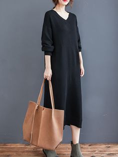 Sku CY-!89645 Material >80%Cotton Style Loose , Long Sleeves Feature Solid Color Neckline V-neck Occasion Casual , Simple Seasons Autumn , Winter Type Midi Dresses , Sweater Dresses Color BLACK Size FREE SIZE Please consult the size chart we provide for this item's measurements to help you decide which size to buy.Please note: There may be 1-3cm differ due to manual measurement.CMINCH Bust Shoulder Sleeve Length FREE SIZE 124 59 42 100 Solid Color V-neck Sweater Dress For Winter, Fall V-neck Solid Color Sweater Dress, V-neck Knit Sweater Dress For Work, Knit V-neck Sweater Dress For Work, Casual Black Sweater Dress For Fall, V-neck Solid Color Sweater Dress For Winter, Black Long Sweater Dress For Spring, Black Winter Midi Dress, Black Solid Color Winter Midi Dress