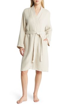 Enjoy the luxurious elegance of a spa-inspired robe at home with this supercomfy style made from four-ply gauze woven from long-staple Turkish cotton. It's also garment washed for added lived-in softness from the first wear. 42" length ( size X-Large)   Open front   V-neck   Long sleeves   Side-seam pockets   Removable tie belt   100% cotton   Machine wash, tumble dry   Made in Turkey   OEKO-TEX®–certified materials free of harmful substances Chic Long Sleeve Loungewear Robe, Cozy Daywear Robe, Chic Long Sleeve Sleep Robe, Cotton Long Sleeve Robe For Spa, Relaxed Fit Beige Kimono For Loungewear, Beige Relaxed Fit Kimono For Loungewear, Long Sleeve Comfortable Robe For Relaxation, Long Sleeve Cotton Robe For Spa, Long Sleeve Cotton Spa Robe