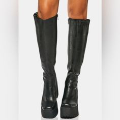 These Knee High Boots Have A Vegan Leather Construction, Platform Soles With Chunky Block Heels, Squared Toes, And Side Zip Closures. Dolls Kill Shoes, Chunky Block Heels, Dolls Kill, Over The Knee Boots, Over The Knee, Knee High Boots, High Boots, Side Zip, Knee High