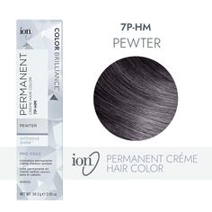 ion Color Brilliance Permanent Creme Hair Color utilizes pure ionic micro pigments for deeper, more intense color. Ion 7P-HM Pewter Permanent Creme Hair Color | Gray | 2.05 oz. | Sally Beauty 5vv Hair Color, Light Charcoal Hair Color, Chrome Hair Color, Ion Hair Color Chart, Moonstone Hair, Ion Hair Colors, Hair Color Gray, Permanent Hair Dye Colors, Charcoal Hair