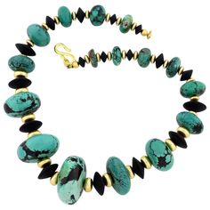 Gemjunky Splendid huge graduated natural blue Turquoise with black matrix necklace. The Turquoise, largest is 38.8mm x 19mm, is enhanced by flat black Onyx and gold tone accents. The necklace is a pleasing 21.5 inches in length and closes with a gold plated hook clasp. Brown Leather Jewelry, Blue Turquoise Necklace, The Blonde Salad, Turquoise And Black, Princess Necklace, Black Onyx Necklace, Chunky Jewelry, Onyx Necklace, Necklace Gemstone