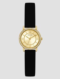 Add a subtle touch to your look with this minimalist timepiece featuring a polished gold-tone dial with delicate hour markers and a flexible black silicone strap. Guess Watch, Analog Watch, Women's Watch, Gold Case, Fashion Mode, Black Watch, Daniel Wellington, Watch Design, Quartz Movement