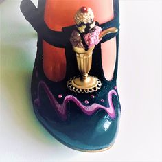 Irregular Choice Ice Cream Sundae Original Footwear To Stand Out From The Crowd, Completely Unique. Colorful Sculpted Ice Cream Sundae On Top Of Black Fabric And Patent Leather Shoes With Pink Ice Cream Melting And Rhinestones. Stunning See-Through 4 Inch Heels Rising From A Gold Heel Cap And Decorated With Stylized Leaves. T-Bar Strap With Snap On Side Closure, Fully Lined, Cushioned Insole And Designer Signature Whimsical Cuckoo Clock Patterned Soles, Brand New With Original Box, Never Worn. Labeled Eu 38.5 / Us 7.5 Irregular Choice Heels, Pink Sweets, Pink Ice Cream, Vintage Style Shoes, Irregular Choice Shoes, Christmas Shoes, Wedding Shoes Lace, Irregular Choice, Fancy Shoes