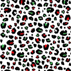 an animal print pattern with red, green and black spots