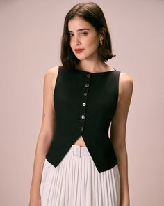 The Black Boat Neck Button Tank Top & Reviews - Black - Tops | RIHOAS Boat Neck Tank Top, Delicate Tops, French Inspired Outfits, Black Top Summer, Boat Neck Design, Button Tank Top, Black Boat, Minimalist Top, Boat Neck Top