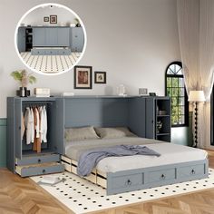 an image of a bedroom setting with bed, dresser and mirror in the corner on the wall