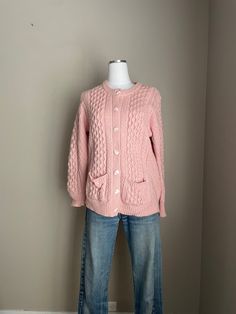 Stunning pink merino wool cardigan. *100% irish wool, by aran crafts *length: 26" *bust total: 40"- lots of stretch- tagged a small but a medium COULD fit too- this is a roomy small *very soft wool *no flaws to note *shoulders: 15" *sleeve: 25" *boxy in cut, two pockets In excellent condition. *all sales final, convo with any questions* Classic Pink Cable Knit Sweater, Classic Pink Knit Sweater, Pink Fitted Wool Sweater, Fitted Pink Wool Sweater, Pink Long Sleeve Wool Cardigan, Vintage Pink Knit Cardigan, Irish Cardigans, Scandinavian Clothing, Clothing Aesthetic