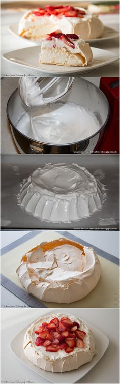 three different pictures showing the steps to make a cake with whipped cream and strawberries on top