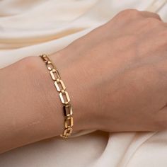 Classic Hypoallergenic Link Gold Bracelet, Hypoallergenic Classic Gold Link Bracelet, Gold Sterling Silver Box Chain Bracelet Gift, 14k Gold Box Chain Bracelet As Gift, 14k Gold Chain Bracelet With Solid Links As Gift, 14k Gold Chain Bracelet With Rectangular Links As Gift, Modern Paperclip Bracelet With Polished Finish As Gift, 14k Gold Chain Bracelet With Rectangular Links, Modern Paperclip Bracelet With Polished Finish