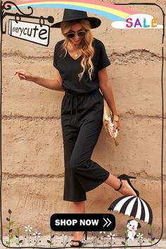 Black V Neck Short Sleeve Jumpsuit Casual Solid Jumpsuits And Rompers For Date Night, Elegant Black Jumpsuits And Rompers For Day Out, Black Summer Jumpsuit With Tie Waist, Black Summer Jumpsuits And Rompers With Tie Waist, Casual V-neck Jumpsuits And Rompers For Work, Black V-neck Jumpsuit With Pockets, Black Short Sleeve Jumpsuits And Rompers For Spring, Black V-neck Jumpsuits And Rompers With Pockets, Black V-neck Jumpsuits And Rompers For Spring