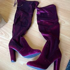 Heeled Boots Up To Knee Size 10 Maroon Zipper Never Worn Purple Knee High Boots, Long Boots With Heels, Just Fab Shoes, Justfab Shoes, Fit Ideas, Over The Knee Boots, Over The Knee, High Boots, Knee High Boots