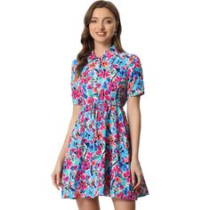 Looking for a stylish and comfortable outfit that is perfect for casual occasions, outdoor events, and vacations? Look no further than this beautiful floral mini dress! This dress boasts a classic point collar and short sleeves, as well as a lovely floral print that is perfect for summer. Plus, the dress also features a convenient tie waist that allows you to easily adjust it to your waistline for a flattering fit. Pair it with your favorite heels for a charming and effortless look that is sure Floral Print A-line Mini Dress For Vacation, A-line Floral Print Mini Dress For Vacation, Vacation Floral Print A-line Mini Dress, Vacation A-line Mini Dress With Floral Print, Summer Dresses Blue, Floral Pattern Dress, Blue Summer Dresses, Floral Button Up, Mini Skater Dress