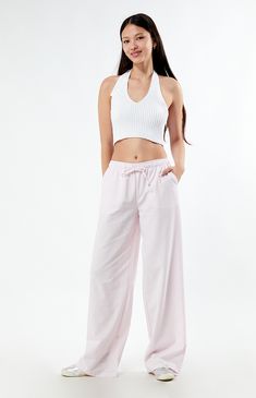 Upgrade your casual wardrobe with the Linen Pull-On Pants from PacSun. Crafted from lightweight linen fabric, these high-waisted pants feature a drawstring waistband, side hand pockets, wide leg openings, and a relaxed fit, ensuring both style and comfort for your everyday adventures.


	11.625" rise
	31.5" inseam
	21" leg opening
	High-rise
	Drawstring waistband
	Side hand pockets
	Wide leg openings
	Relaxed fit
	85% viscose, 15% linen
	Machine washable
	Model is wearing a size small
	Model measurements: 5’8.5” height, 32” bust, 23.5” waist, 35” hips Linen Bottoms With Elastic Waistband For Lounging, Casual Cotton Parachute Pants For Vacation, Relaxed Harem Pants With Elastic Waistband For Loungewear, Casual Linen Lounging Pants, Relaxed Cotton Wide Leg Pants With Drawstring, Casual Linen Lounging Bottoms, Linen Pants For Lounging, Relaxed Parachute Pants With Elastic Waistband For Spring, Trendy Linen Wide Leg Pants For Spring