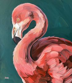 a painting of a pink flamingo on a blue background