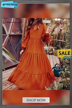 Commuter Temperament Women's Big Swing Dress Black Dresses Flowy Solid Color Dress For Fall, Flowy Solid Color Maxi Dress For Fall, Solid Color Maxi Length Dresses For Fall, Fall Season Orange A-line Dress, Orange A-line Dress For Fall, Color Pick, Black Dresses, Swing Dress, Dress Black