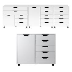 an image of a white dresser with black drawers and doors on each drawer, side by side