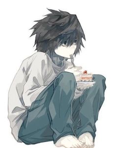 an anime character sitting on the ground with food in his hand and looking at something