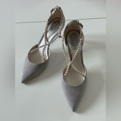 Rene Caovilla Gray Suede Sling Back Heels With Pearl Straps. New In Box. Perfect For Wedding Or Party Chic Evening Wedding Shoes With Heel Strap, Chic Wedding Shoes With Heel Strap, Elegant Slingback Court Shoes For Party, Elegant Ankle Strap Court Shoes With Heel Strap, Feminine Ankle Strap Court Shoes For Evening, Pearl Straps, Caovilla Shoes, Rene Caovilla Shoes, Sling Back Heels