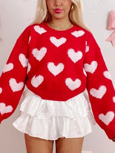 Heartfelt Red Heart Sweater | sassyshortcake.com | Sassy Shortcake Red Heart Sweater, Pink Heart Sweater, Sassy Shortcake, Cute Valentines Day Outfits, Preppy Tops, Trendy Christmas Outfits, Heart Clothes, Cute Lazy Day Outfits, White Hearts