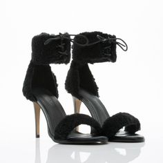 Jaggar Transcendence Shearling Fur Heels In Black Lace Up Nib Women's Size 7.5 New In Box Shearling Detailing Ankle Strap With Tie Wooden Stiletto Heel 4.3" Heel Height Winter Evening High Heel Shoes, Winter Evening High Heels, Winter Formal Open Toe Heels, Elegant Open Toe Heels For Winter, Winter Open Toe Heels With Padded Heel, Winter High Heel With Wrapped Heel, Winter High Heels With Wrapped Heel, Winter Night Out Heels With Padded Heel, Winter Evening Open Toe Heels