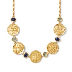 Mediterranean Coin Statement Necklace | Art Jewelry | The Met Store Luxury Coin-shaped Intaglio Jewelry, Luxury Medallion Necklace With Intaglio, Ancient Style Engraved Yellow Gold Necklaces, Yellow Gold Byzantine Necklace With Coin Pendant, Formal Byzantine Pendant Necklaces, Gold Byzantine Jewelry With Intaglio Details, Byzantine Yellow Gold Necklace With Coin Pendant, Byzantine Style Yellow Gold Necklace With Coin Pendant, Formal Byzantine Pendant Necklace