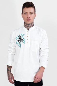 This Sawan, elevate your spiritual style with our Bright White 'OM NAMAH SHIVAY' Embroidered Designer Kurta Shirt. Crafted from premium cotton, it offers a super soft touch and subtle sheen appearance, making it perfect for your pooja attire. Elevate your spiritual style and radiate positivity with this exquisite piece. Fused collar and cuffs, collar stand and flat felled side seams provide structure and stability to all our shirts. 100 % Premium Cotton; Comfortable soft hand, good strength, Dra Spiritual Style, Kurta Shirt, Designer Kurta, Om Namah Shivay, Types Of Textiles, Radiate Positivity, Kurta Style, Indian Kurta, White Prints