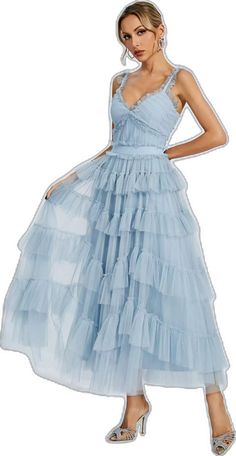 Light Blue V-neck Dress For Prom, Blue Sleeveless Fairy Dress For Spring, Blue Sleeveless Spring Fairy Dress, Blue Tulle Dress With Spaghetti Straps, Summer Prom Elegant Fairy Dress, Elegant Summer Fairy Dress For Prom, Spring Prom Fairy Dress With Ruffles, Blue Sleeveless Fairy Dress For Summer, Blue Sleeveless Summer Fairy Dress